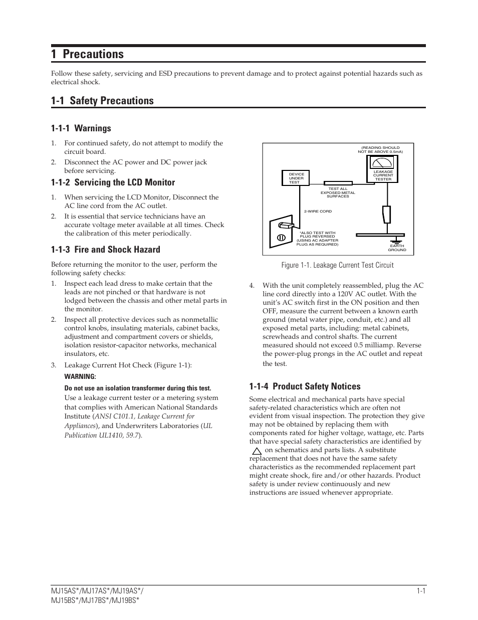 1 precautions, 1 safety precautions, 1-1 warnings | 1-2 servicing the lcd monitor, 1-3 fire and shock hazard, 1-4 product safety notices | Sharp 910N User Manual | Page 3 / 48