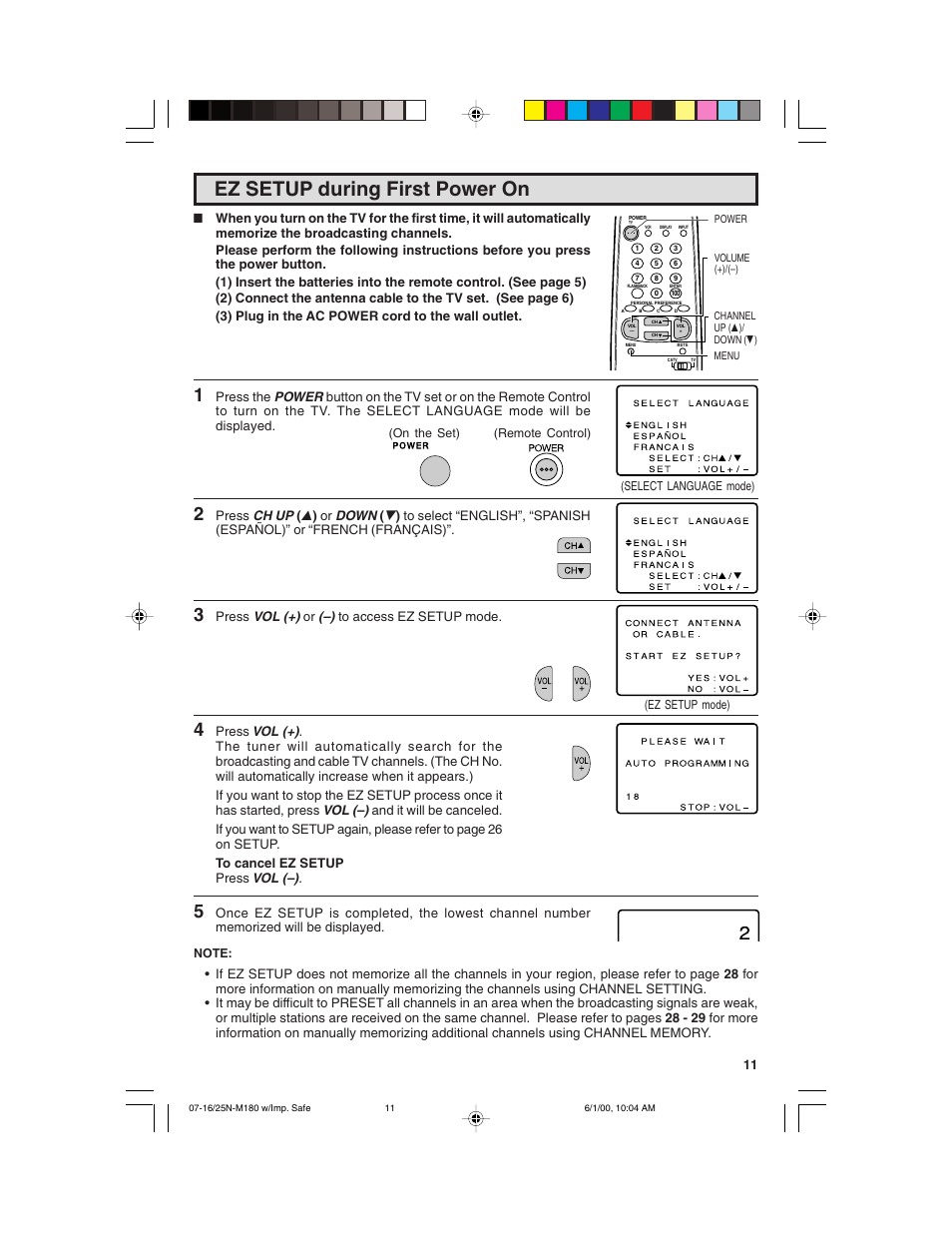 Ez setup during first power on | Sharp 25N M180 User Manual | Page 11 / 40