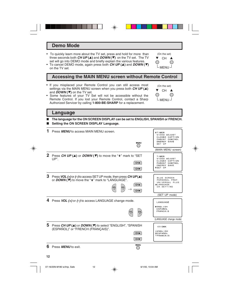 Language, Demo mode | Sharp 25N M180 User Manual | Page 12 / 40