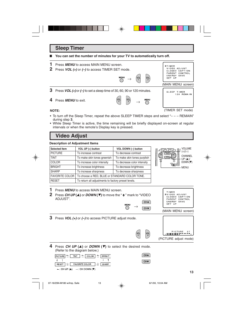 Sleep timer, Video adjust | Sharp 25N M180 User Manual | Page 13 / 40