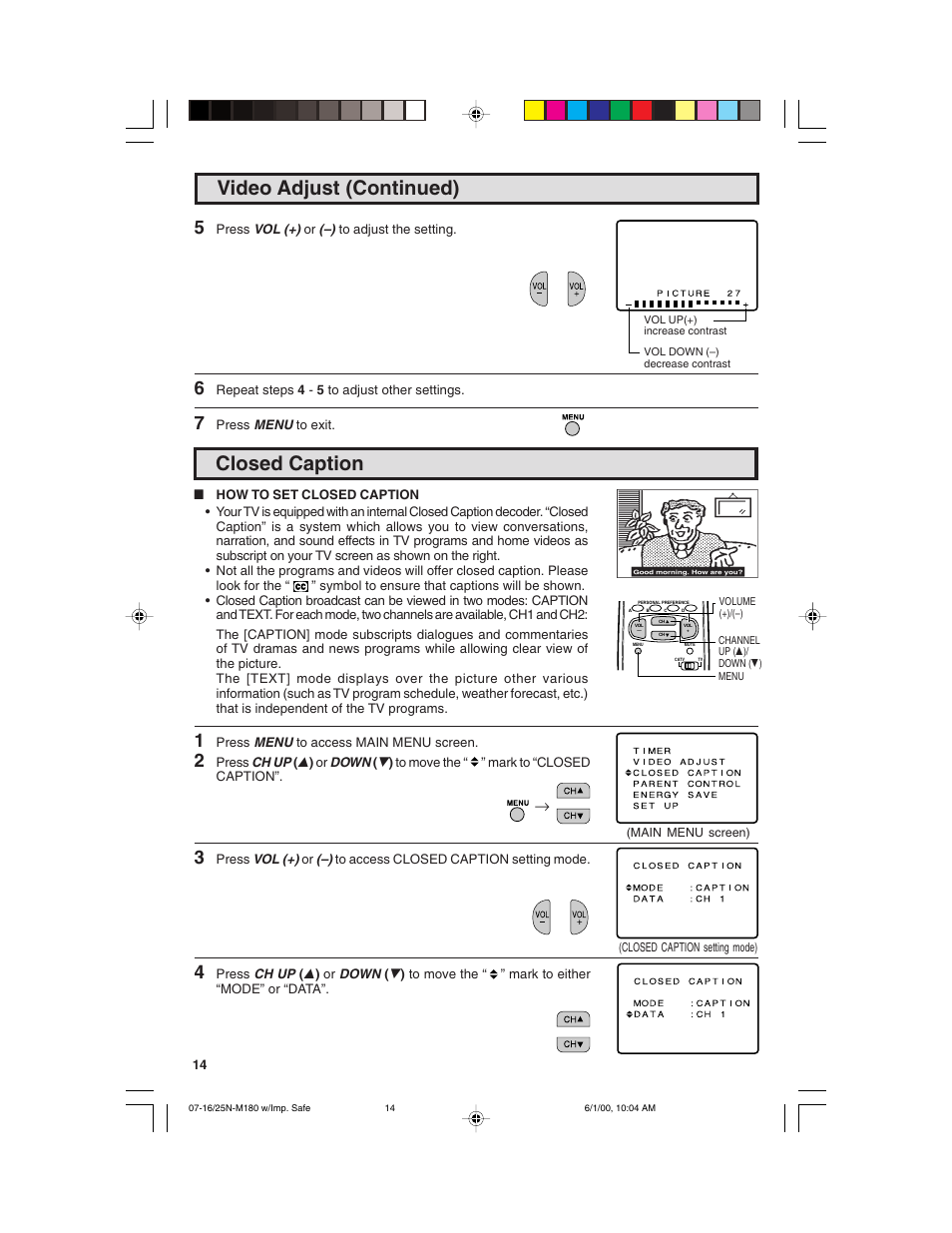 Video adjust (continued), Closed caption | Sharp 25N M180 User Manual | Page 14 / 40