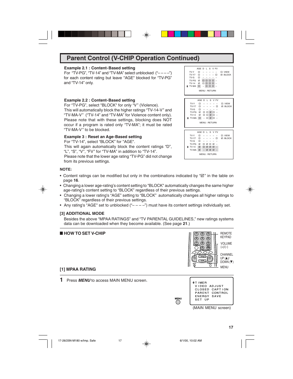 Parent control (v-chip operation continued), Lhow to set v-chip [1] mpaa rating, Press menu to access main menu screen | Main menu screen) | Sharp 25N M180 User Manual | Page 17 / 40