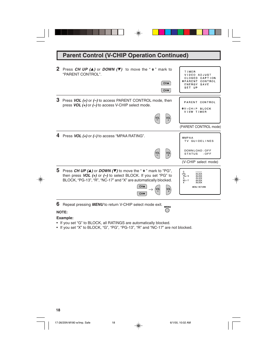 Parent control (v-chip operation continued) | Sharp 25N M180 User Manual | Page 18 / 40