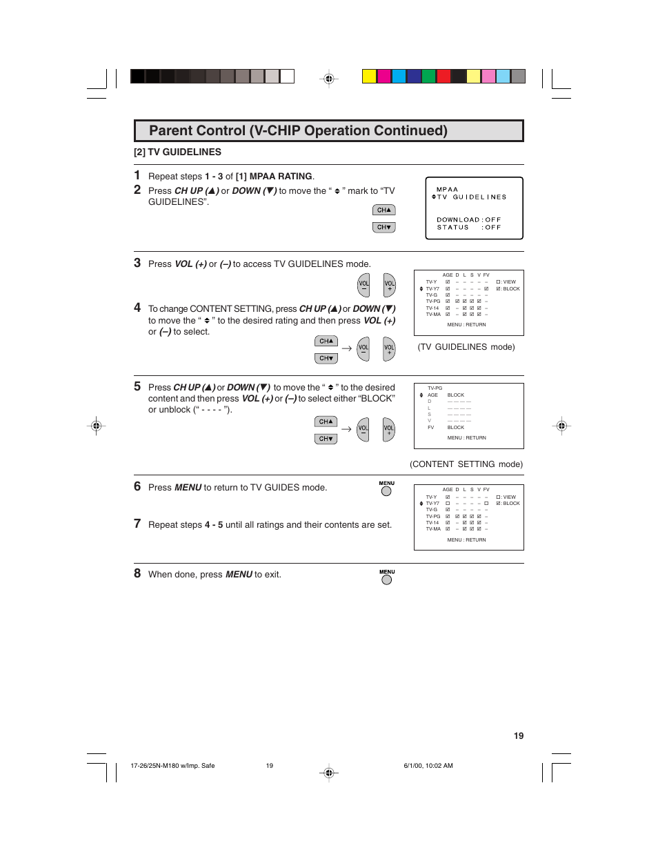 Parent control (v-chip operation continued), 2] tv guidelines | Sharp 25N M180 User Manual | Page 19 / 40