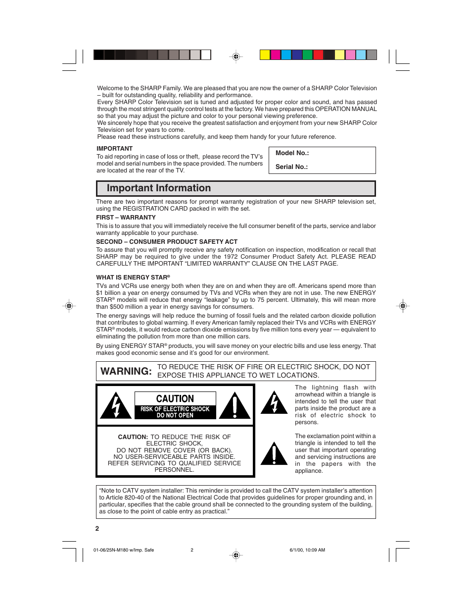 Warning, Important information | Sharp 25N M180 User Manual | Page 2 / 40