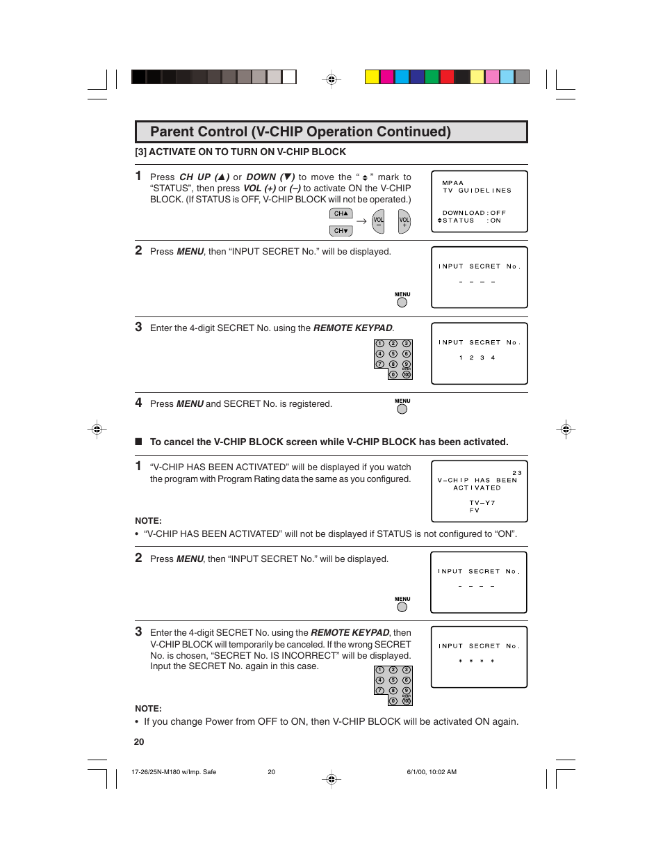 Parent control (v-chip operation continued), 3] activate on to turn on v-chip block | Sharp 25N M180 User Manual | Page 20 / 40