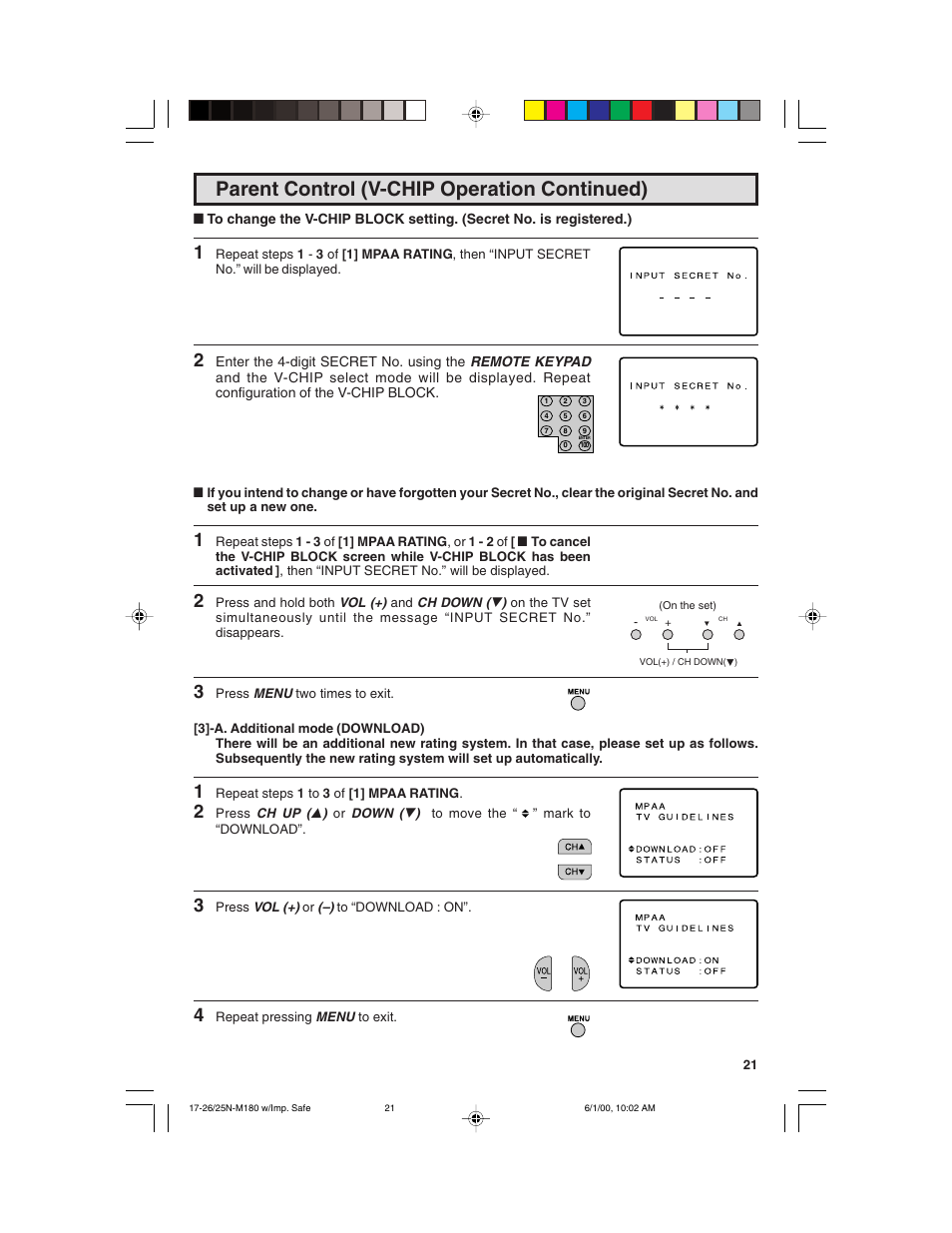 Parent control (v-chip operation continued) | Sharp 25N M180 User Manual | Page 21 / 40
