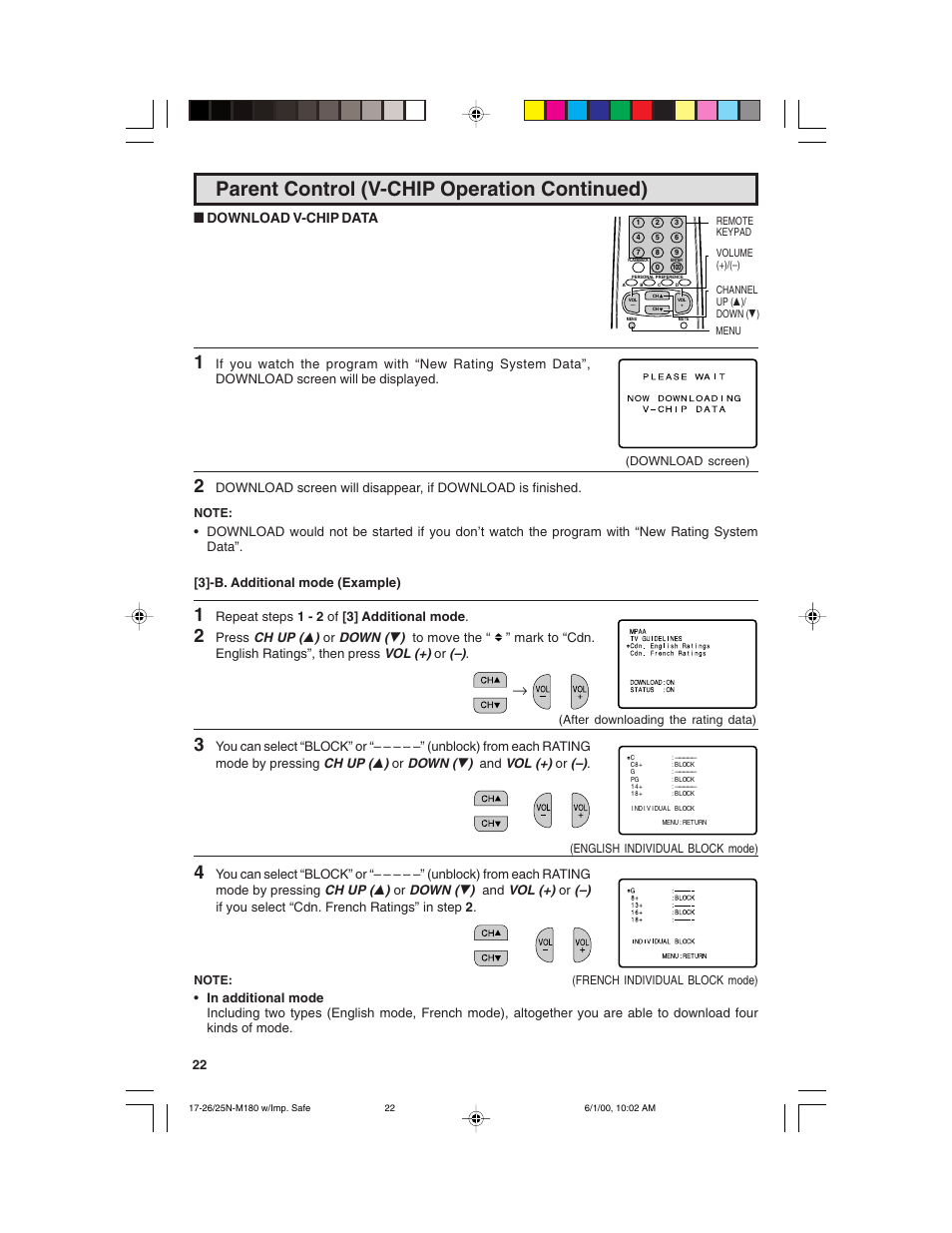 Parent control (v-chip operation continued), Ldownload v-chip data | Sharp 25N M180 User Manual | Page 22 / 40