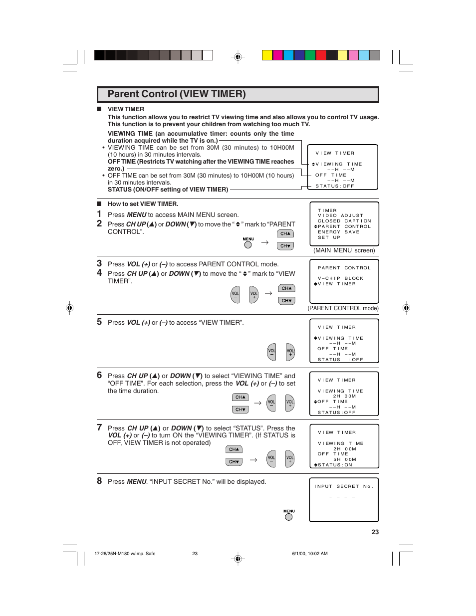 Parent control (view timer) | Sharp 25N M180 User Manual | Page 23 / 40