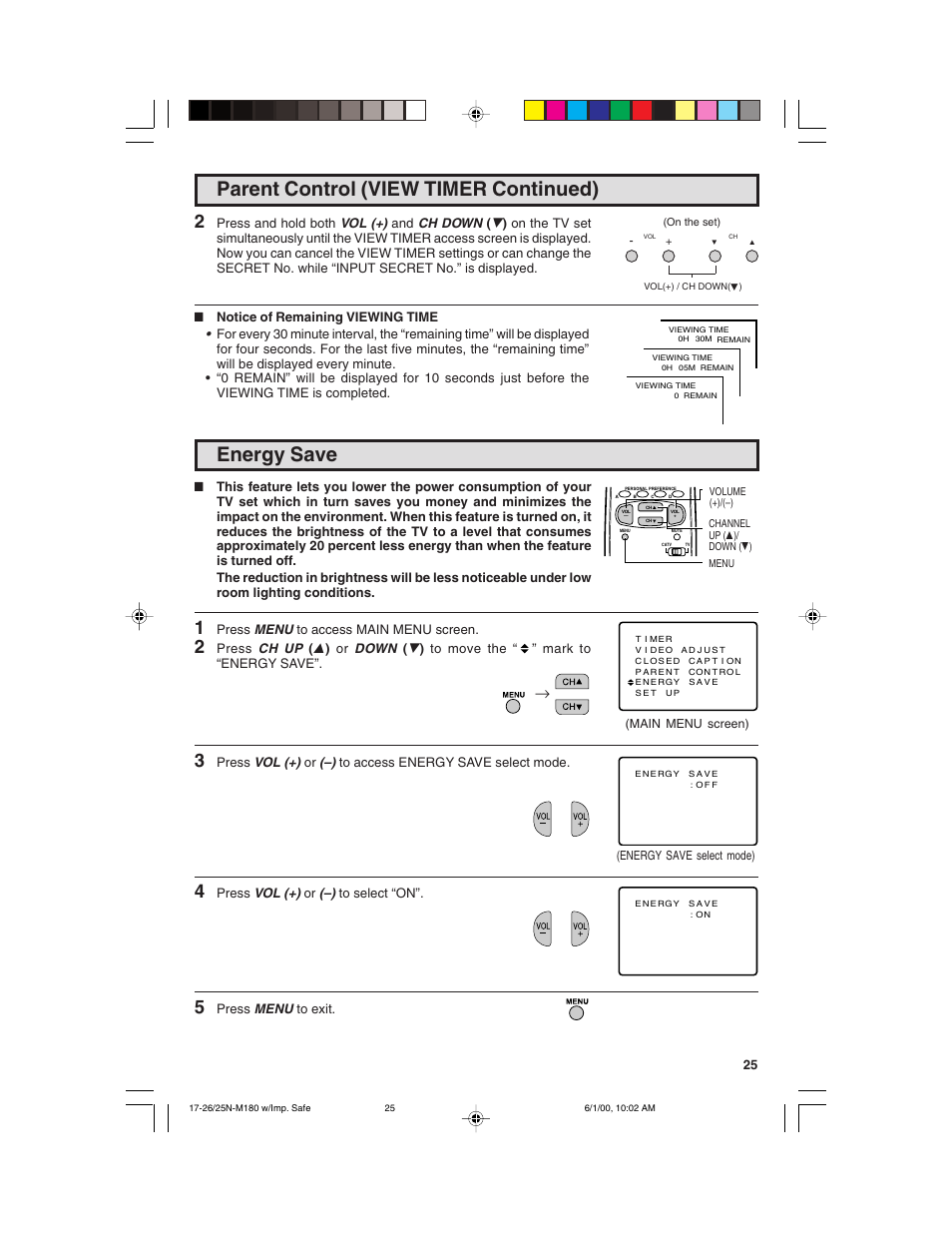 Parent control (view timer continued), Energy save | Sharp 25N M180 User Manual | Page 25 / 40