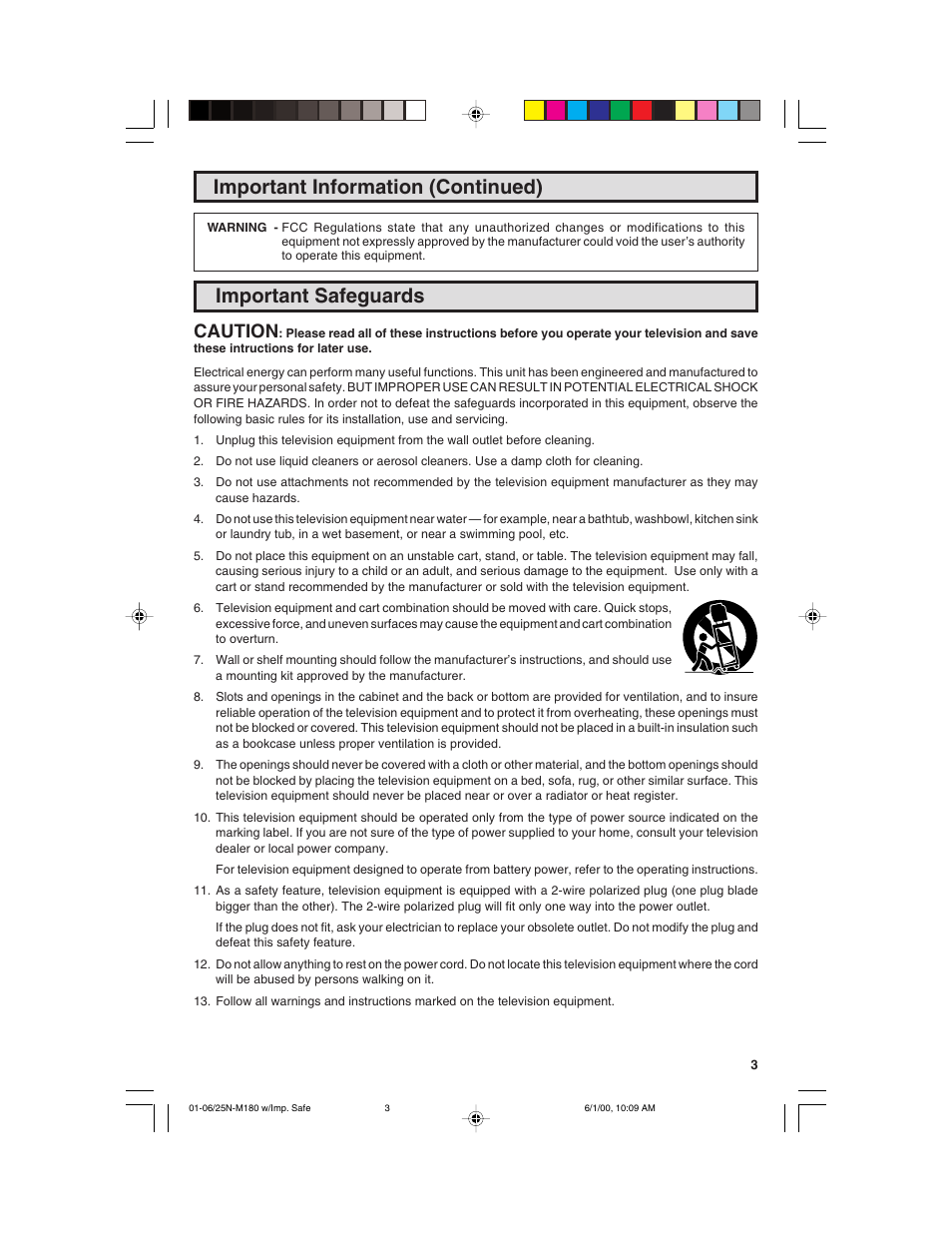 Important safeguards, Important information (continued), Caution | Sharp 25N M180 User Manual | Page 3 / 40