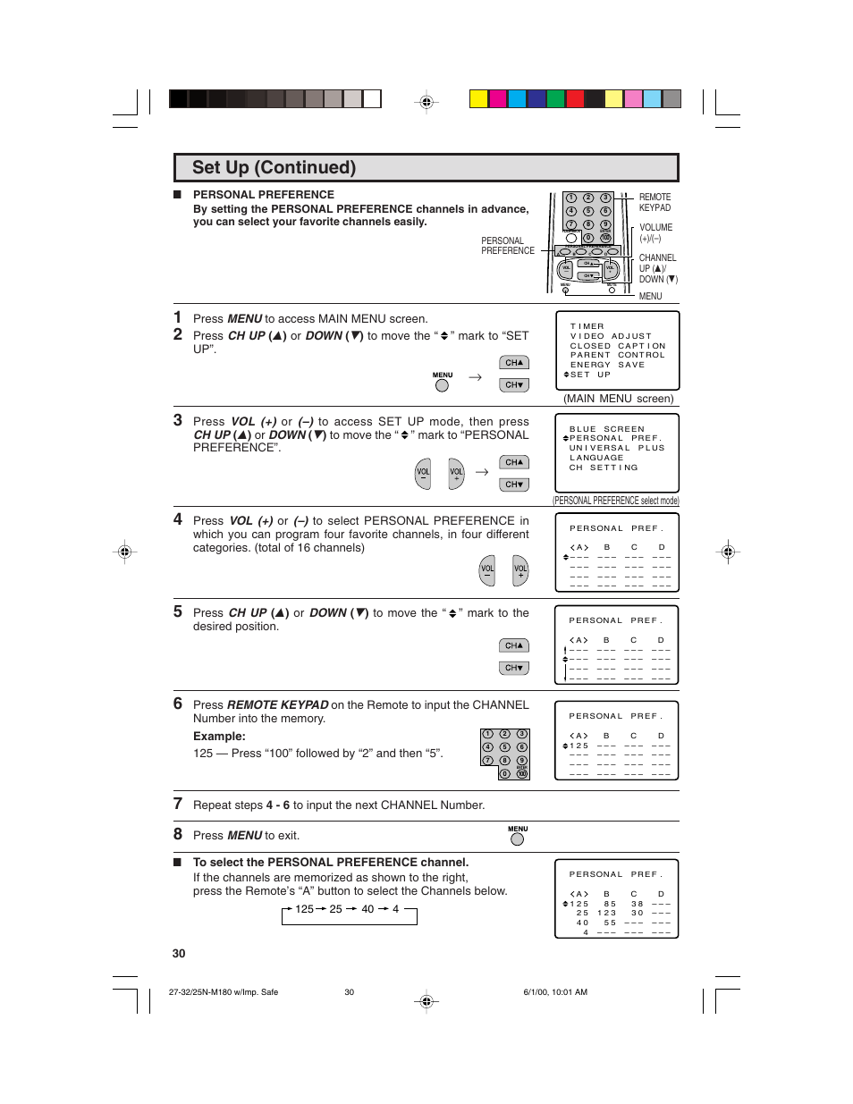 Set up (continued), Press menu to access main menu screen, Press menu to exit | Sharp 25N M180 User Manual | Page 30 / 40