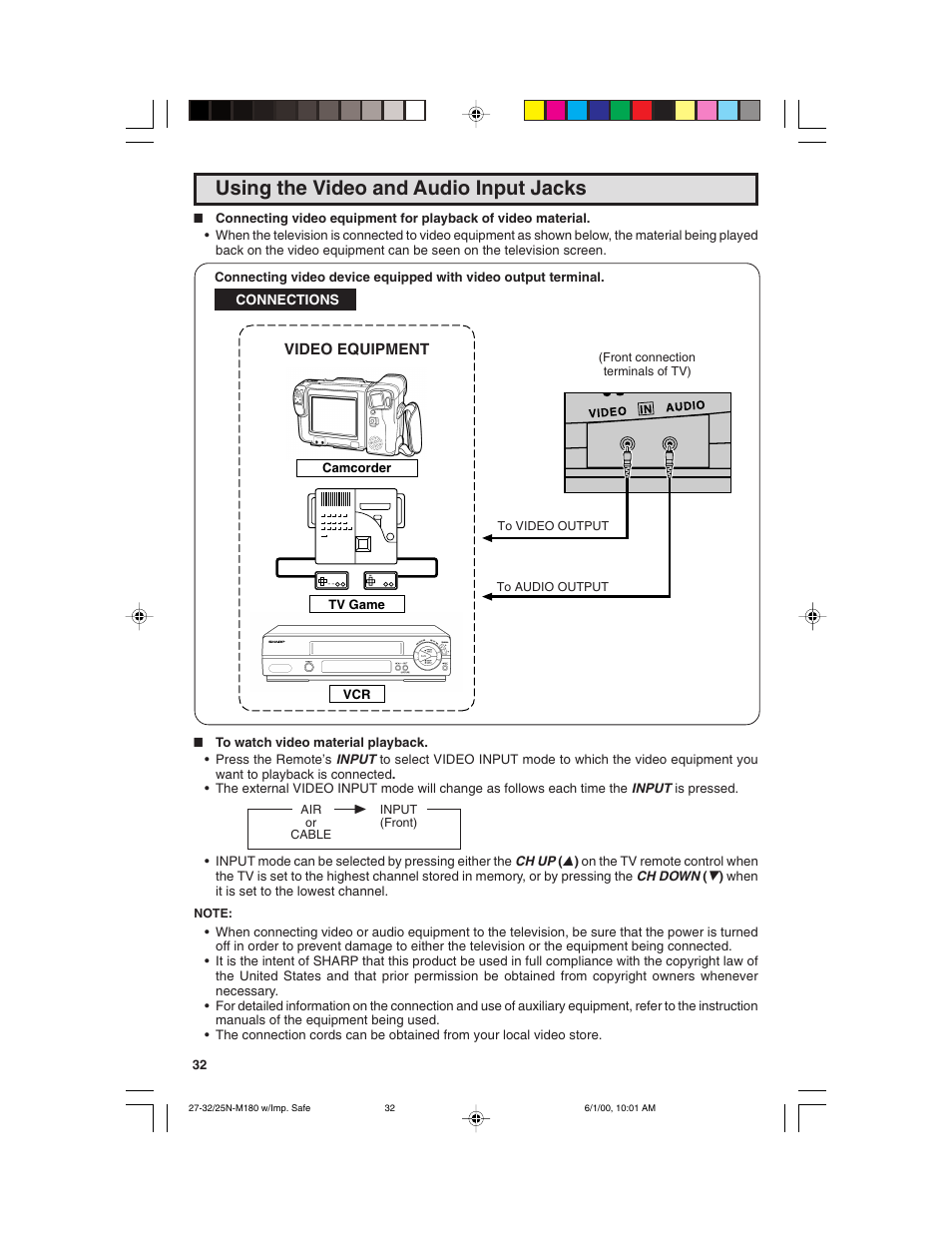 Using the video and audio input jacks | Sharp 25N M180 User Manual | Page 32 / 40