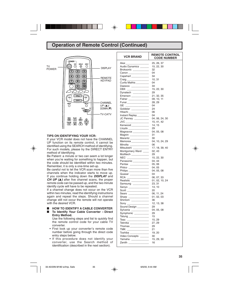 Operation of remote control (continued) | Sharp 25N M180 User Manual | Page 35 / 40