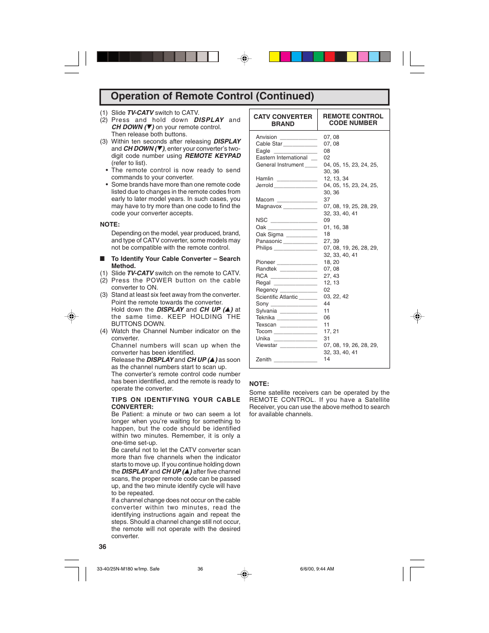 Operation of remote control (continued) | Sharp 25N M180 User Manual | Page 36 / 40