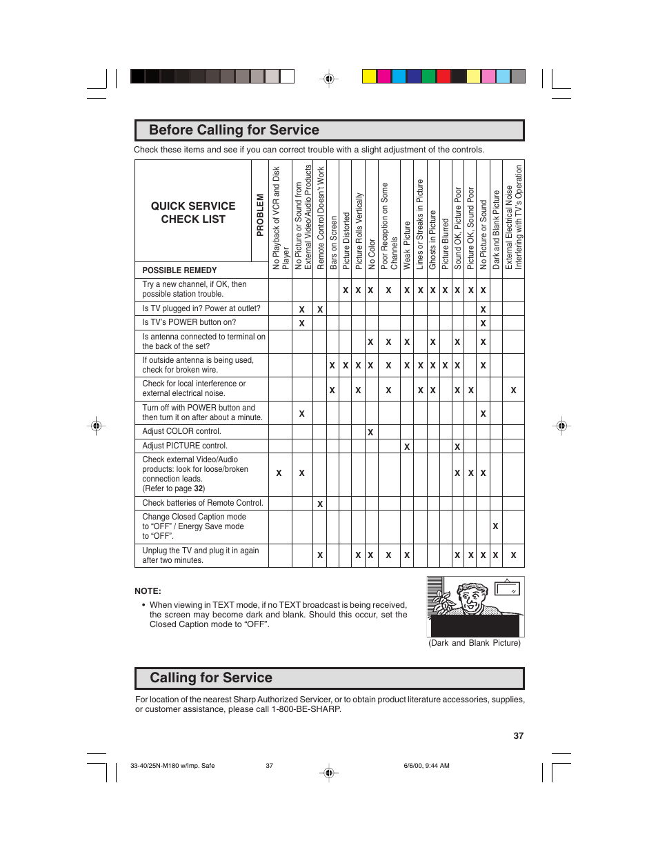 Before calling for service, Calling for service | Sharp 25N M180 User Manual | Page 37 / 40