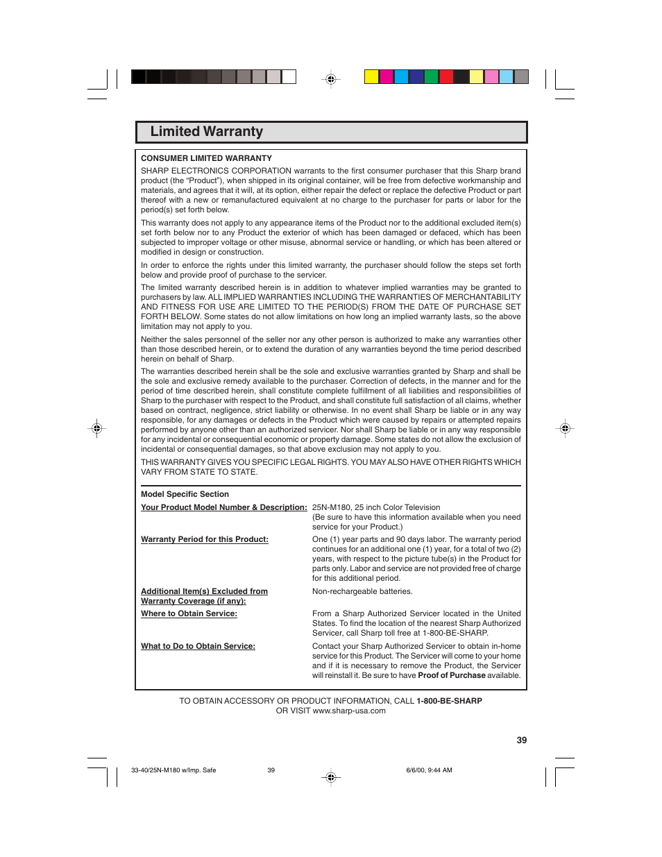 Limited warranty | Sharp 25N M180 User Manual | Page 39 / 40