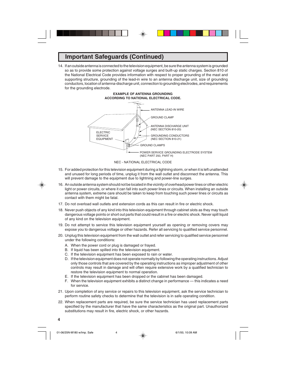 Important safeguards (continued) | Sharp 25N M180 User Manual | Page 4 / 40