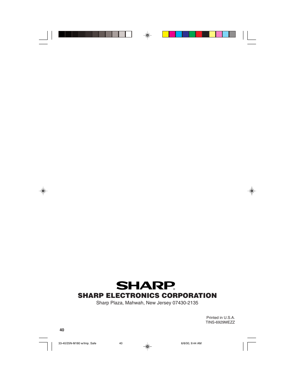 Sharp electronics corporation | Sharp 25N M180 User Manual | Page 40 / 40