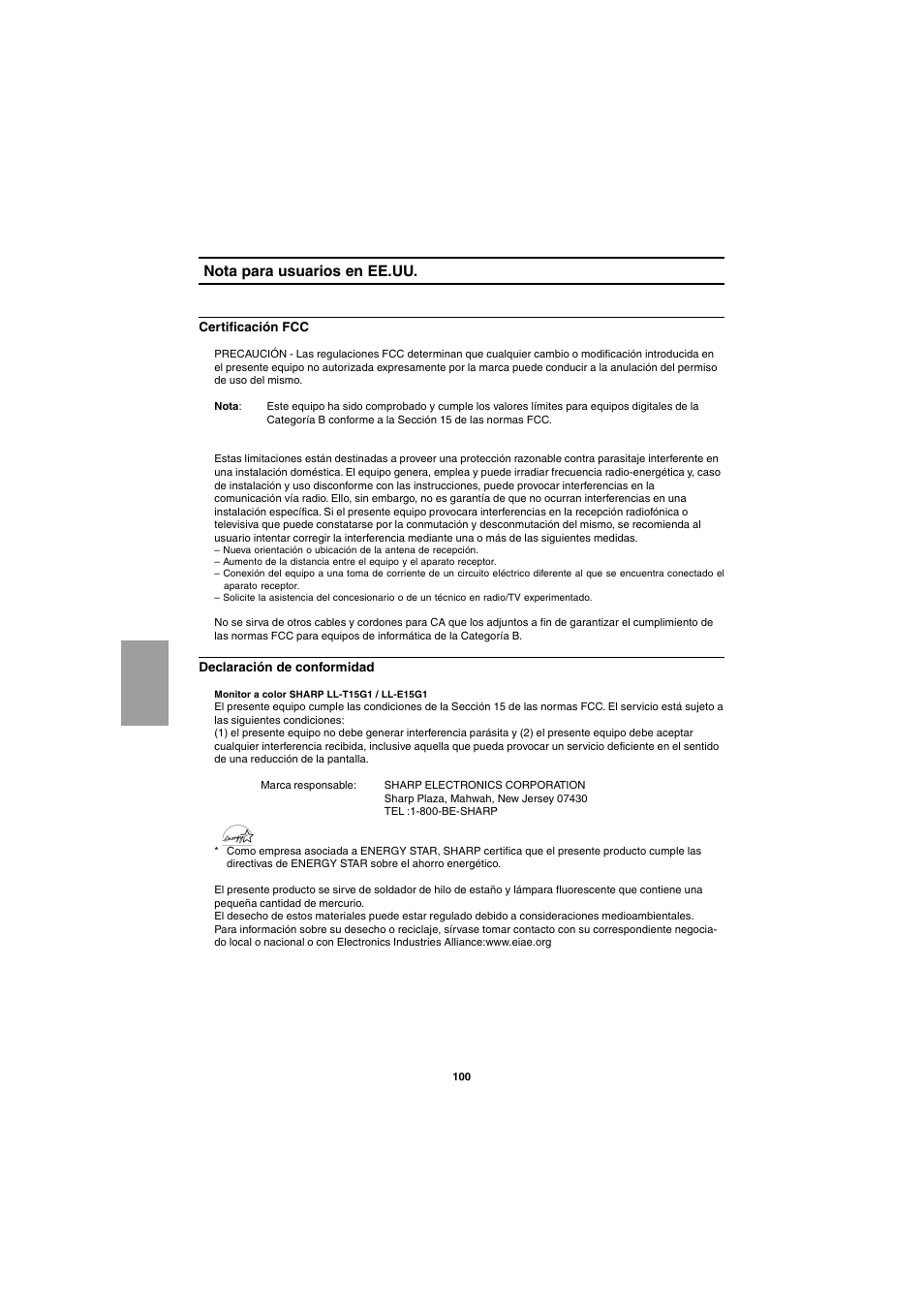 Nota para usuarios en ee.uu | Sharp LL-E15G1 User Manual | Page 100 / 148