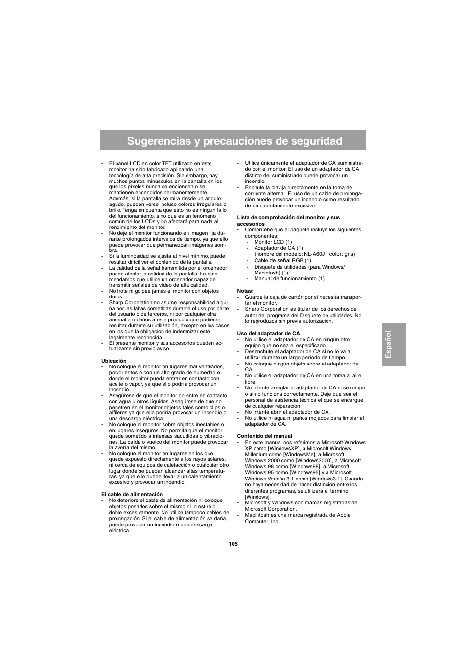 Sugerencias y precauciones de seguridad, Español | Sharp LL-E15G1 User Manual | Page 105 / 148