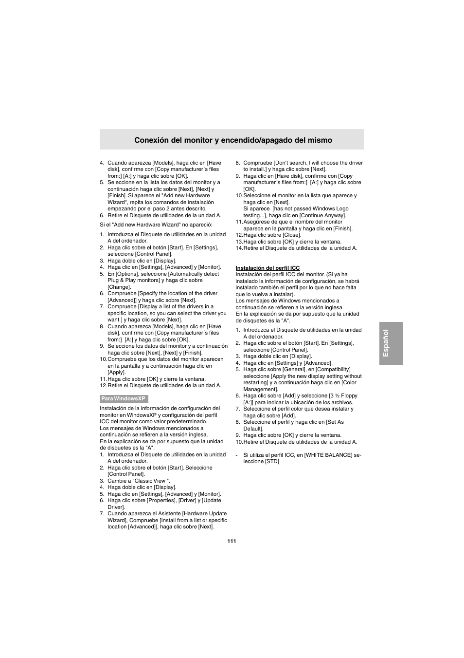 Conexión del monitor y encendido/apagado del mismo | Sharp LL-E15G1 User Manual | Page 111 / 148