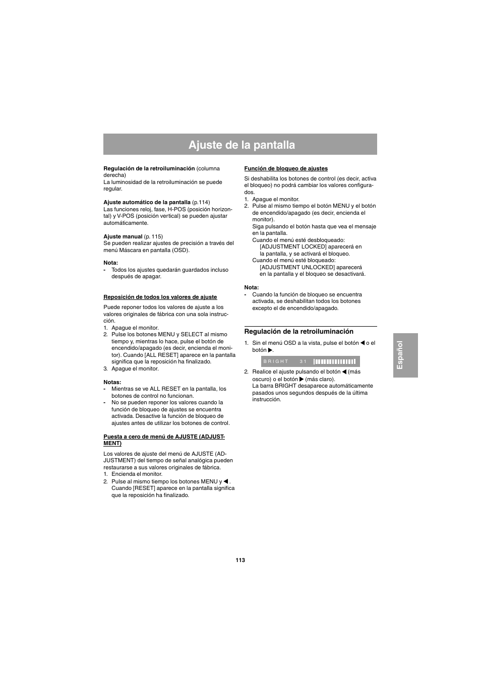 Ajuste de la pantalla | Sharp LL-E15G1 User Manual | Page 113 / 148