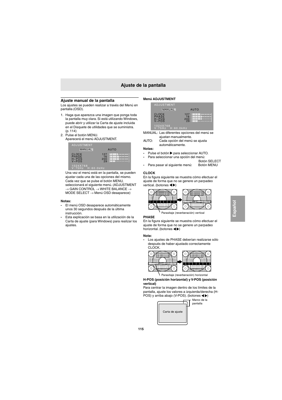 Ajuste de la pantalla, Español | Sharp LL-E15G1 User Manual | Page 115 / 148