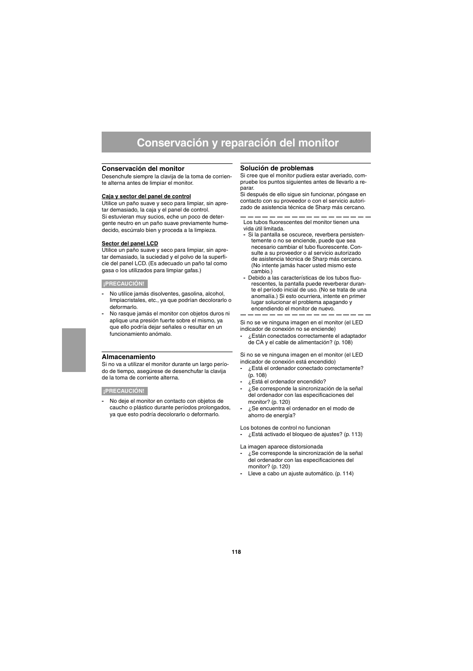 Conservación y reparación del monitor | Sharp LL-E15G1 User Manual | Page 118 / 148