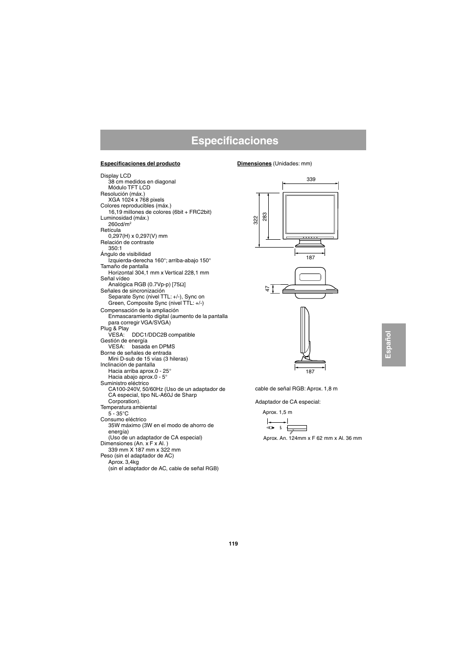 Especificaciones | Sharp LL-E15G1 User Manual | Page 119 / 148