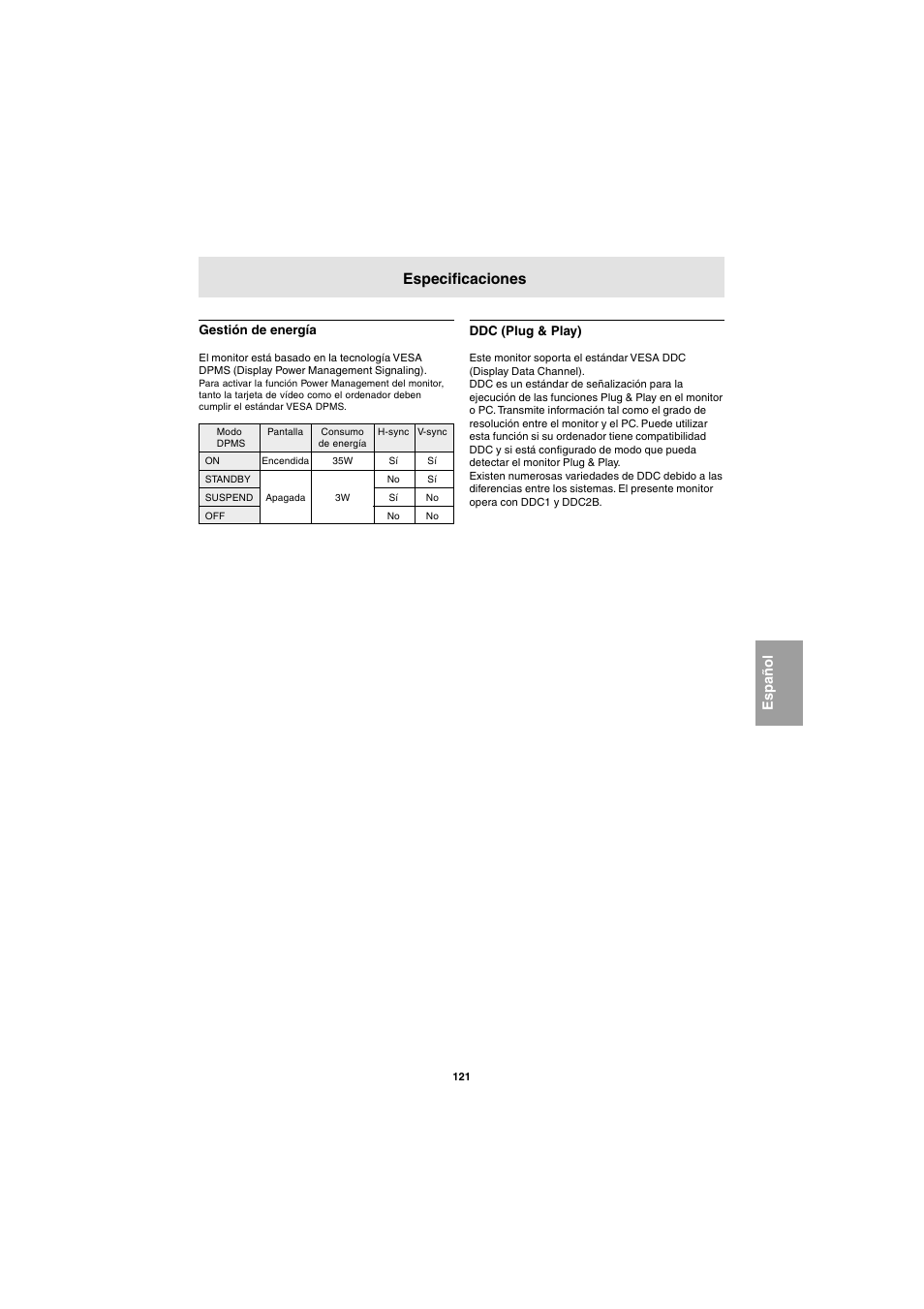 Especificaciones | Sharp LL-E15G1 User Manual | Page 121 / 148