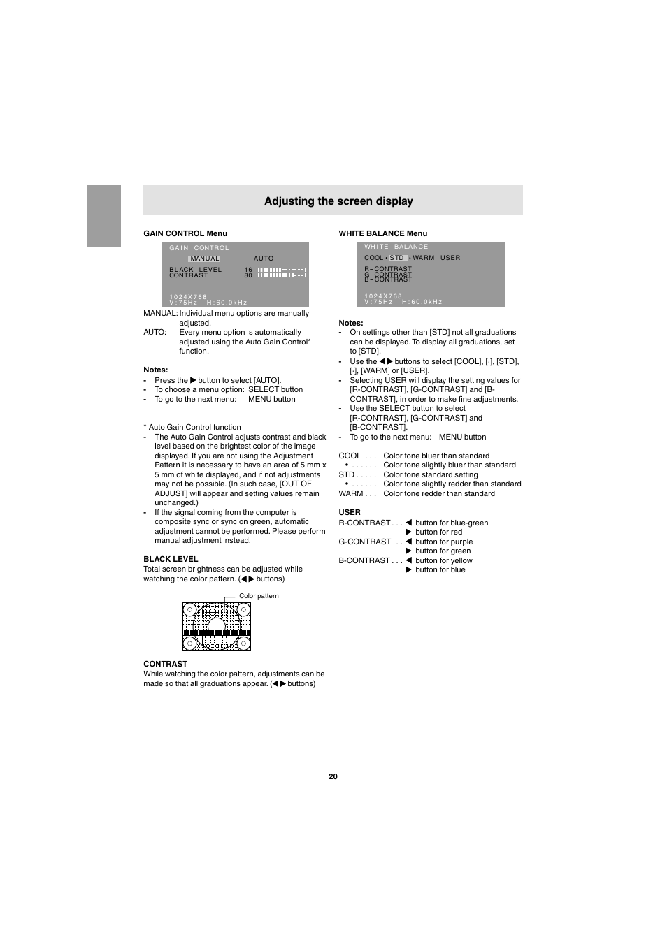 Adjusting the screen display | Sharp LL-E15G1 User Manual | Page 20 / 148