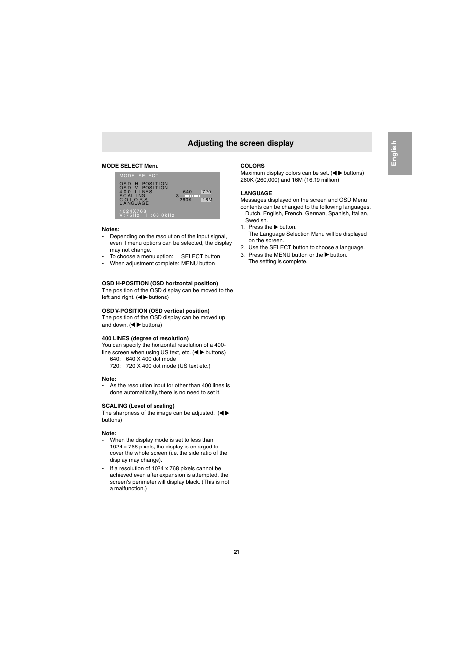 Adjusting the screen display, English | Sharp LL-E15G1 User Manual | Page 21 / 148