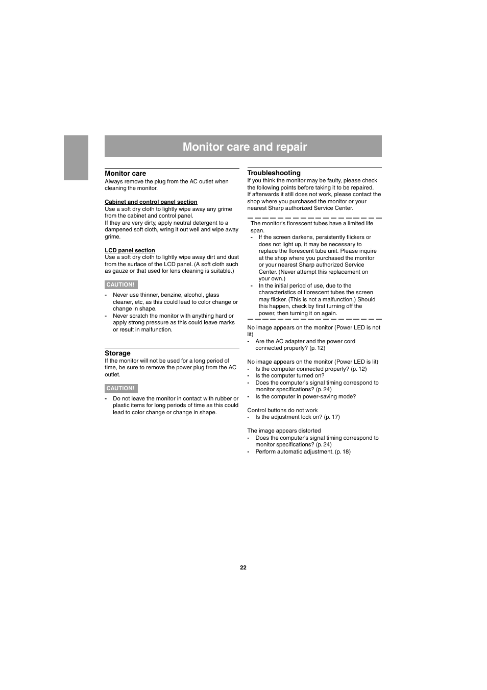 Monitor care and repair | Sharp LL-E15G1 User Manual | Page 22 / 148