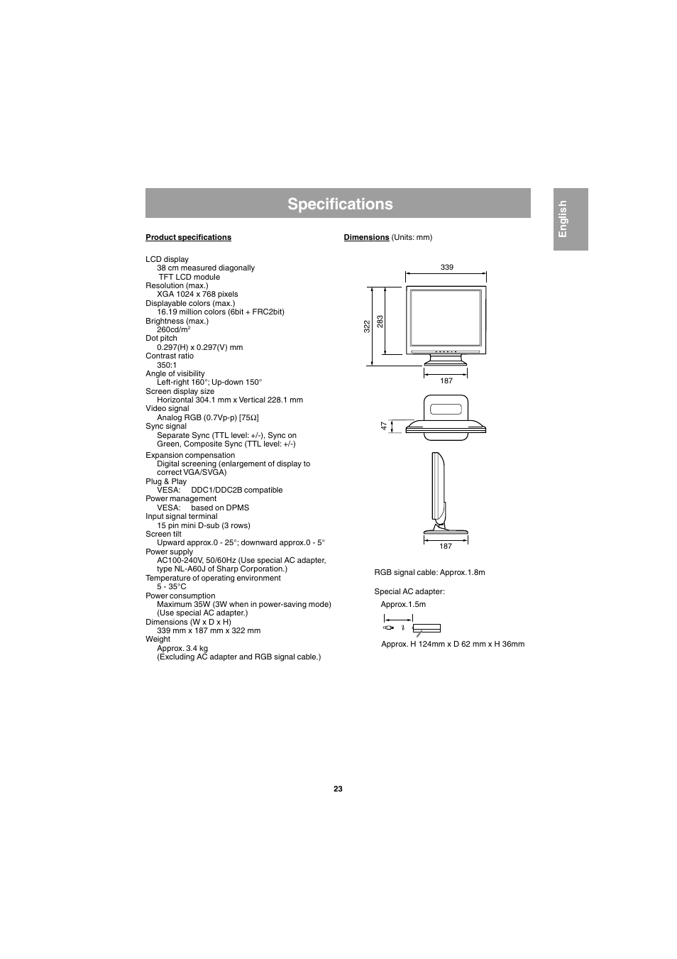 Specifications | Sharp LL-E15G1 User Manual | Page 23 / 148