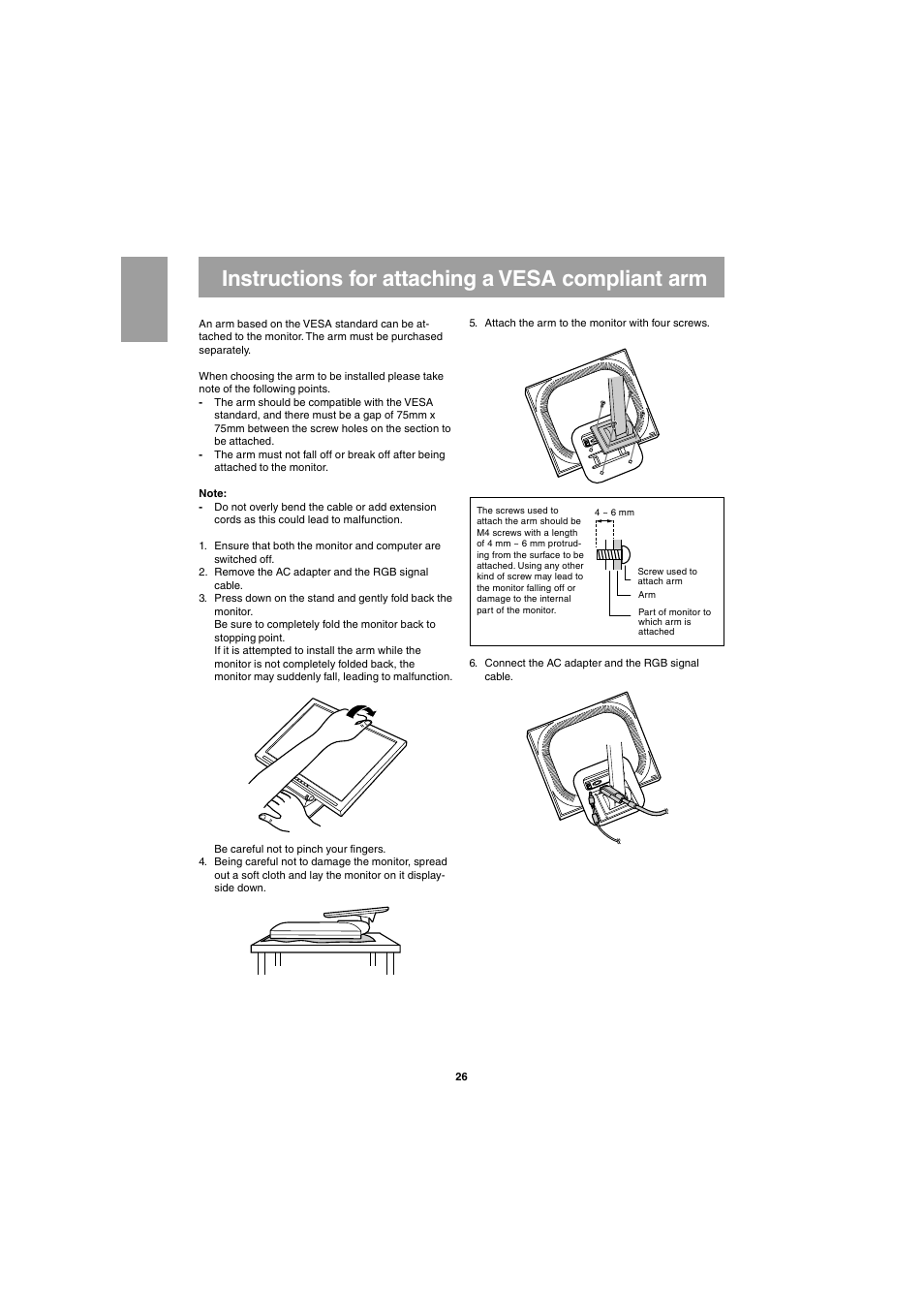 Instructions for attaching a vesa compliant arm | Sharp LL-E15G1 User Manual | Page 26 / 148