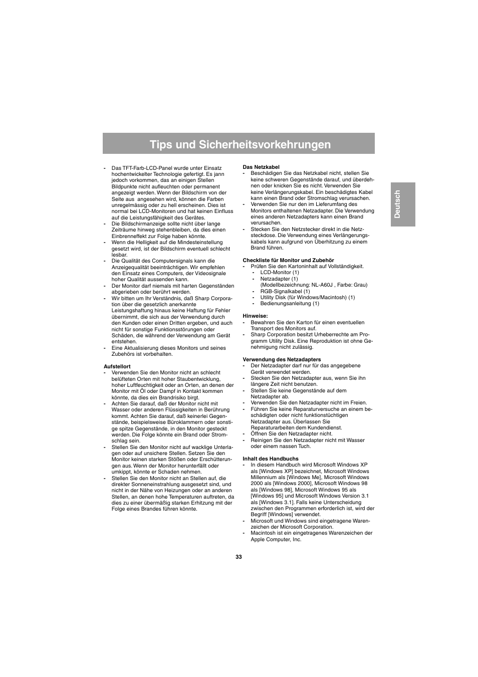 Tips und sicherheitsvorkehrungen | Sharp LL-E15G1 User Manual | Page 33 / 148