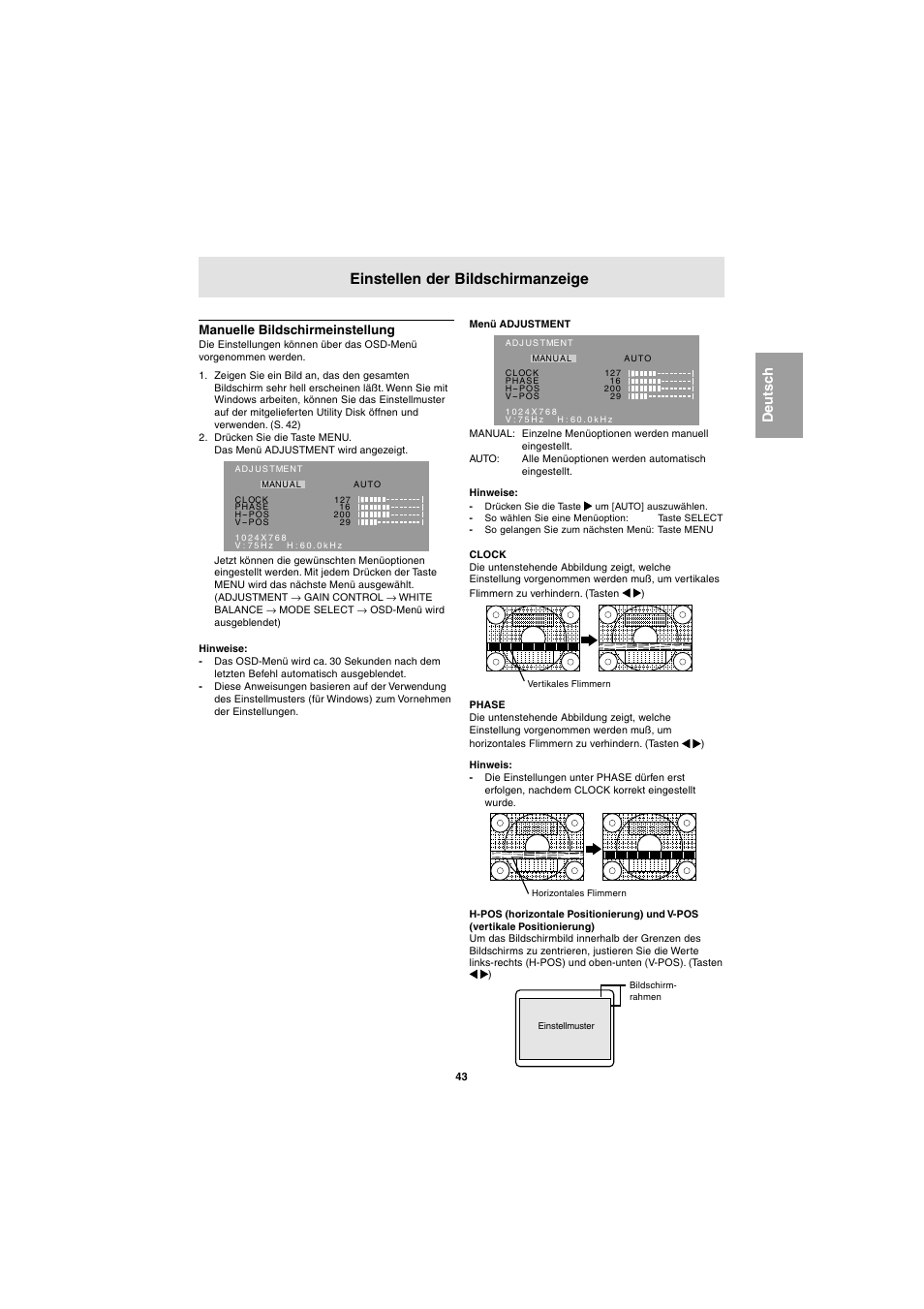 Einstellen der bildschirmanzeige | Sharp LL-E15G1 User Manual | Page 43 / 148