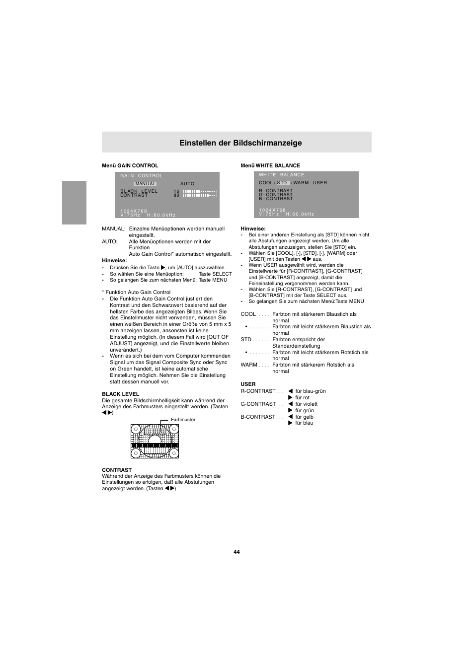 Einstellen der bildschirmanzeige | Sharp LL-E15G1 User Manual | Page 44 / 148