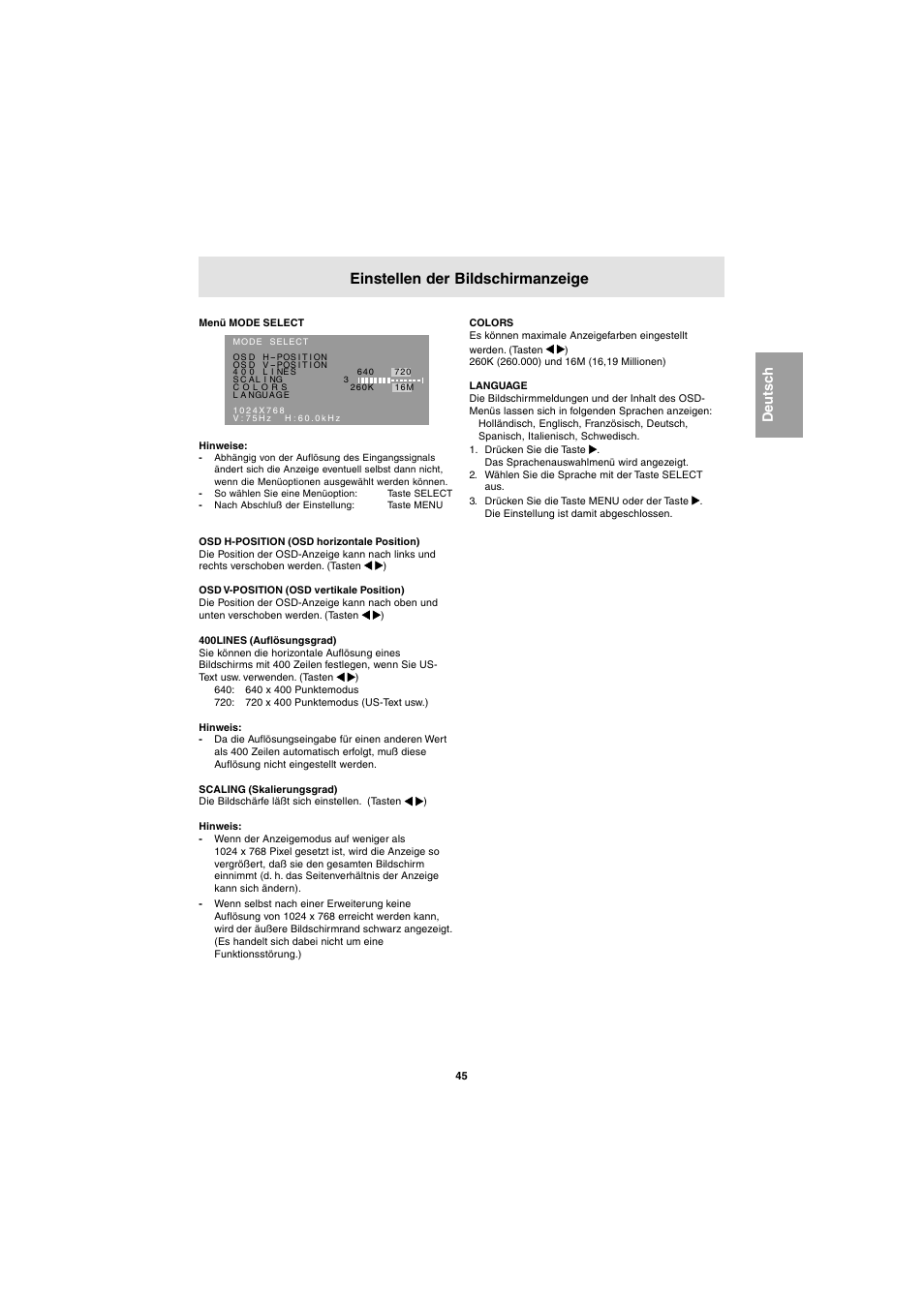Einstellen der bildschirmanzeige | Sharp LL-E15G1 User Manual | Page 45 / 148