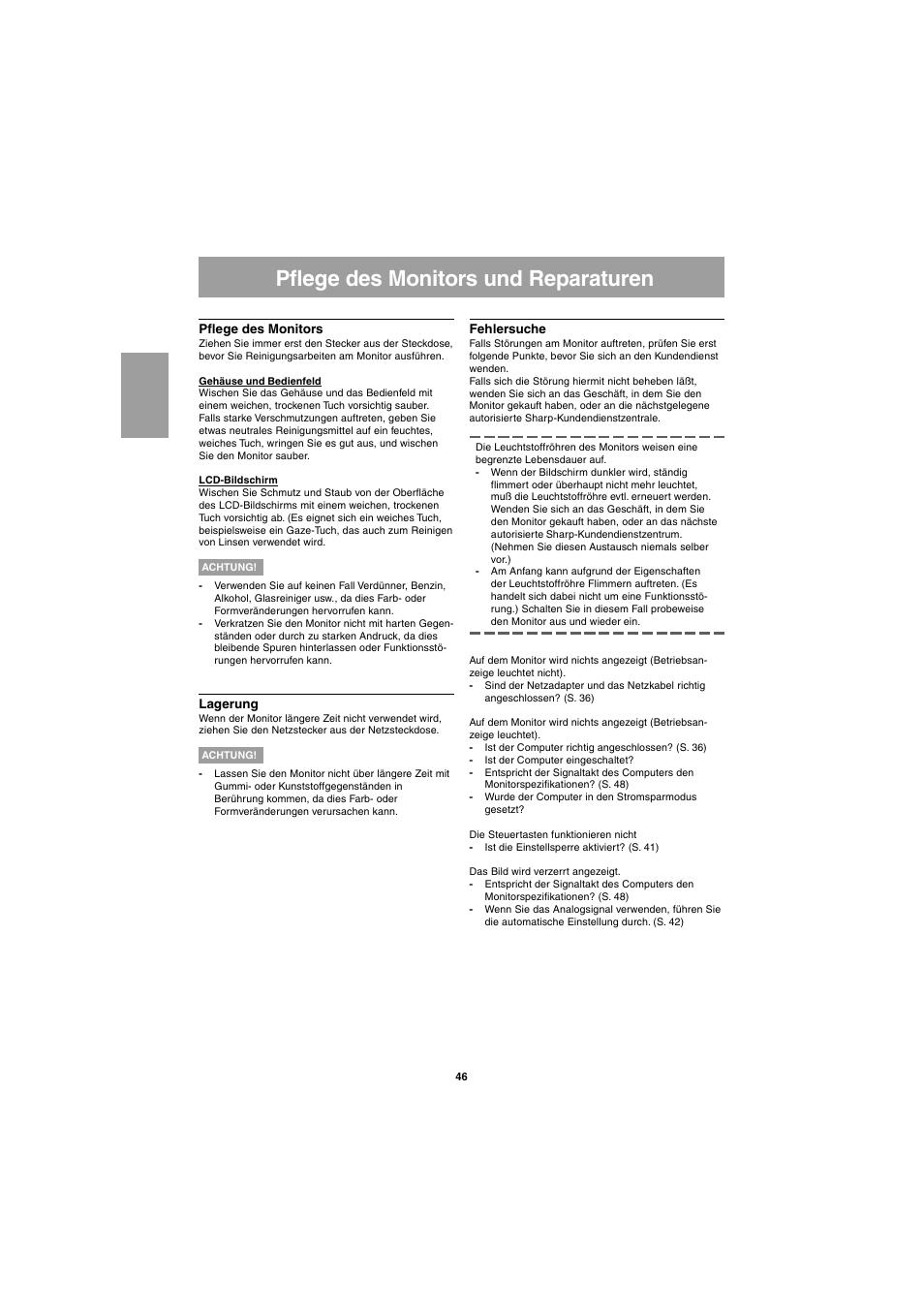 Pflege des monitors und reparaturen | Sharp LL-E15G1 User Manual | Page 46 / 148