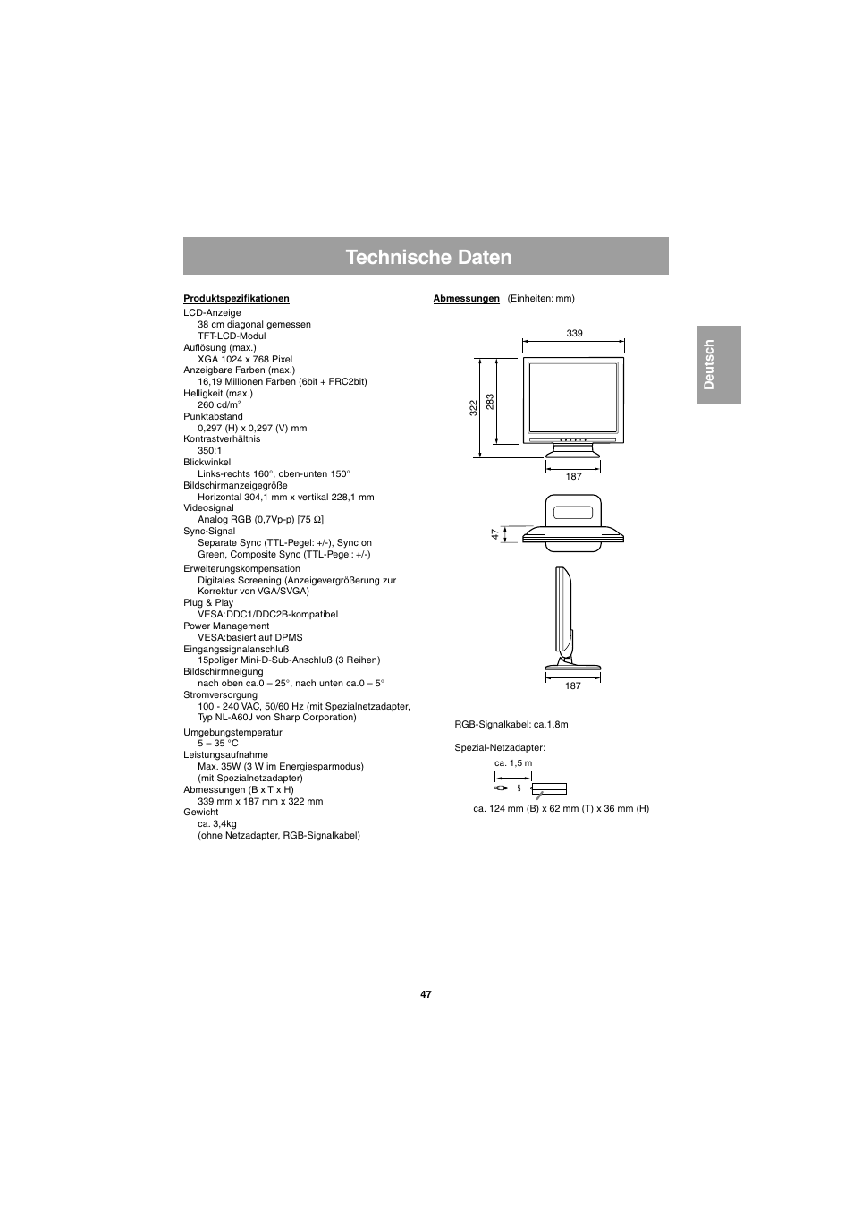 Technische daten | Sharp LL-E15G1 User Manual | Page 47 / 148