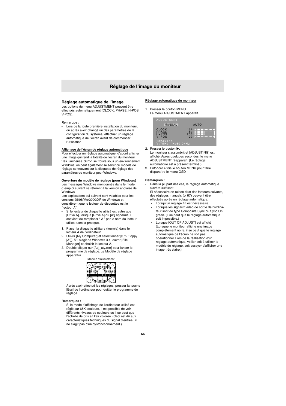 Réglage de l’image du moniteur | Sharp LL-E15G1 User Manual | Page 66 / 148