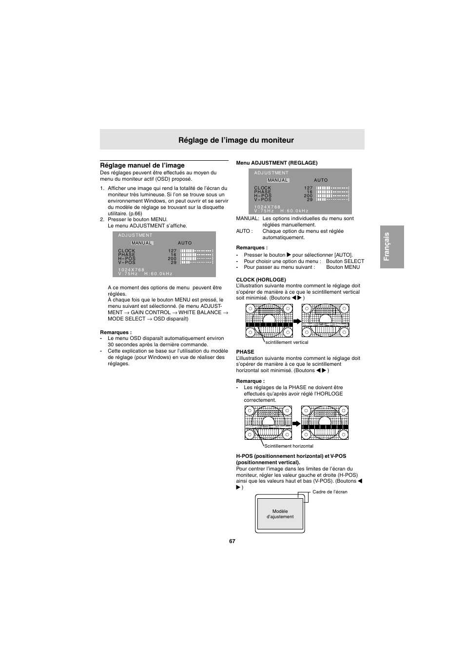 Réglage de l’image du moniteur | Sharp LL-E15G1 User Manual | Page 67 / 148