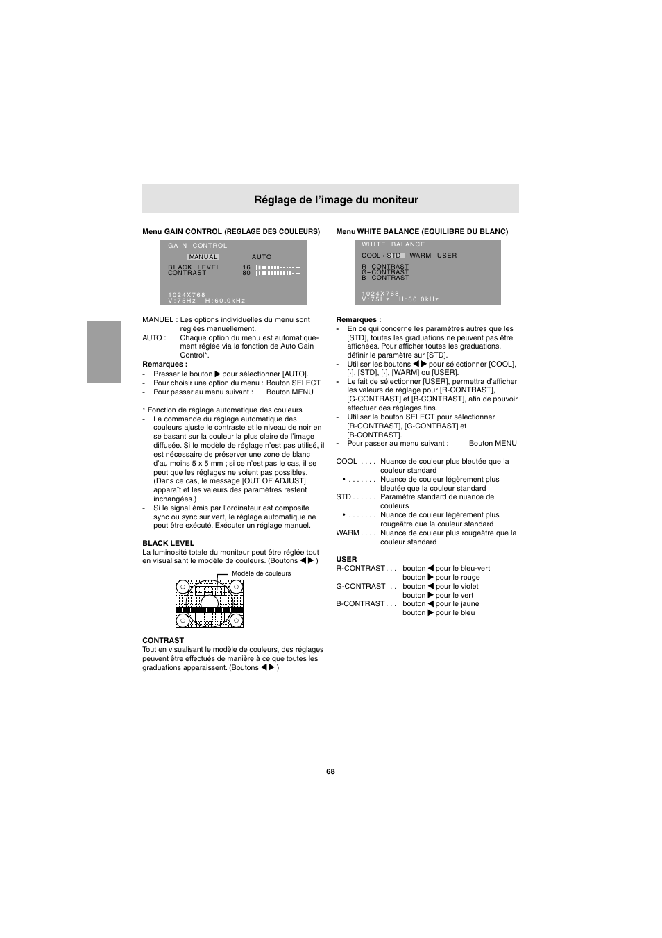 Réglage de l’image du moniteur | Sharp LL-E15G1 User Manual | Page 68 / 148