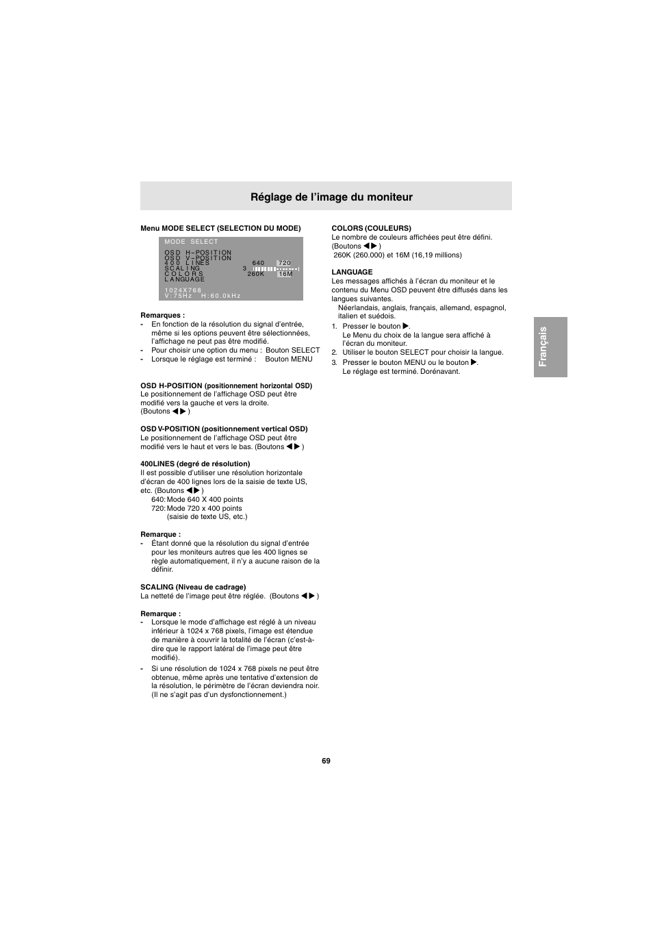 Réglage de l’image du moniteur | Sharp LL-E15G1 User Manual | Page 69 / 148