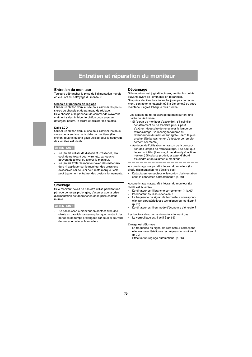 Entretien et réparation du moniteur | Sharp LL-E15G1 User Manual | Page 70 / 148