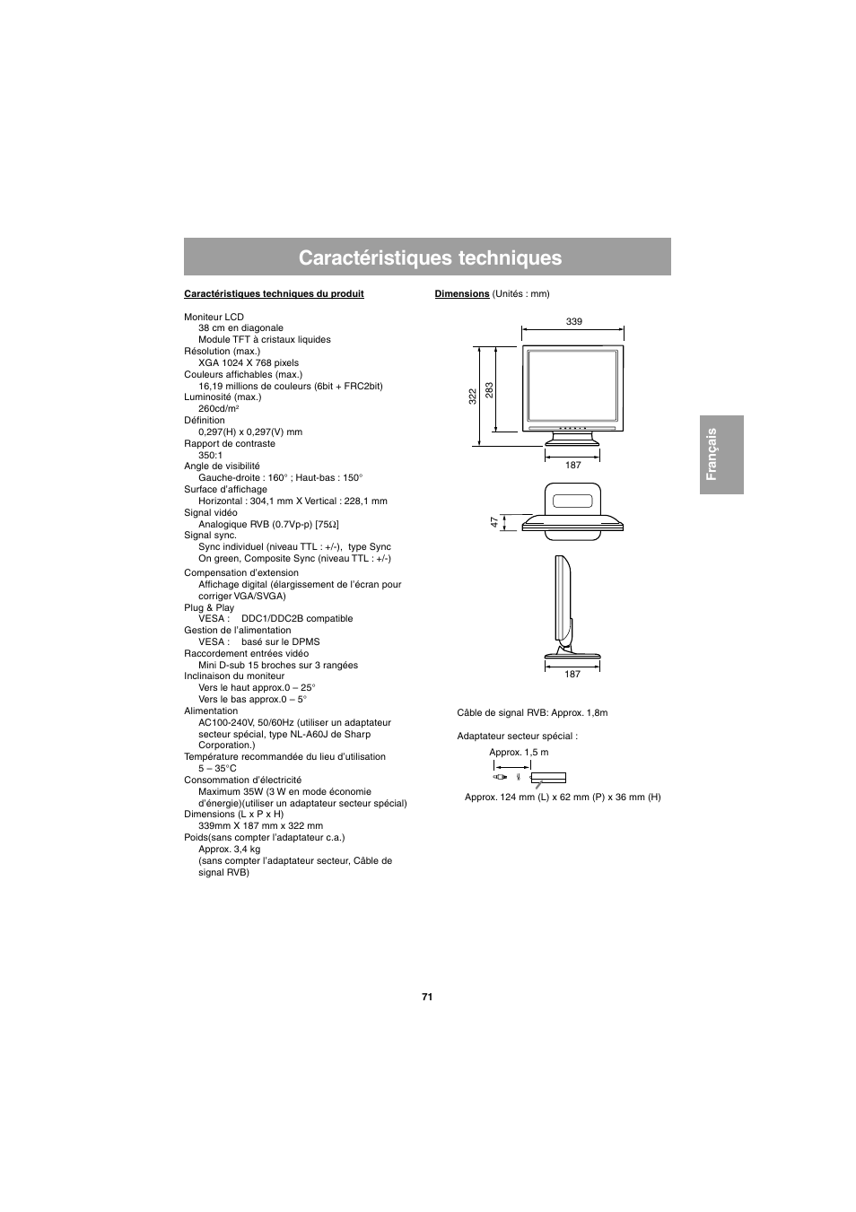 Caractéristiques techniques | Sharp LL-E15G1 User Manual | Page 71 / 148