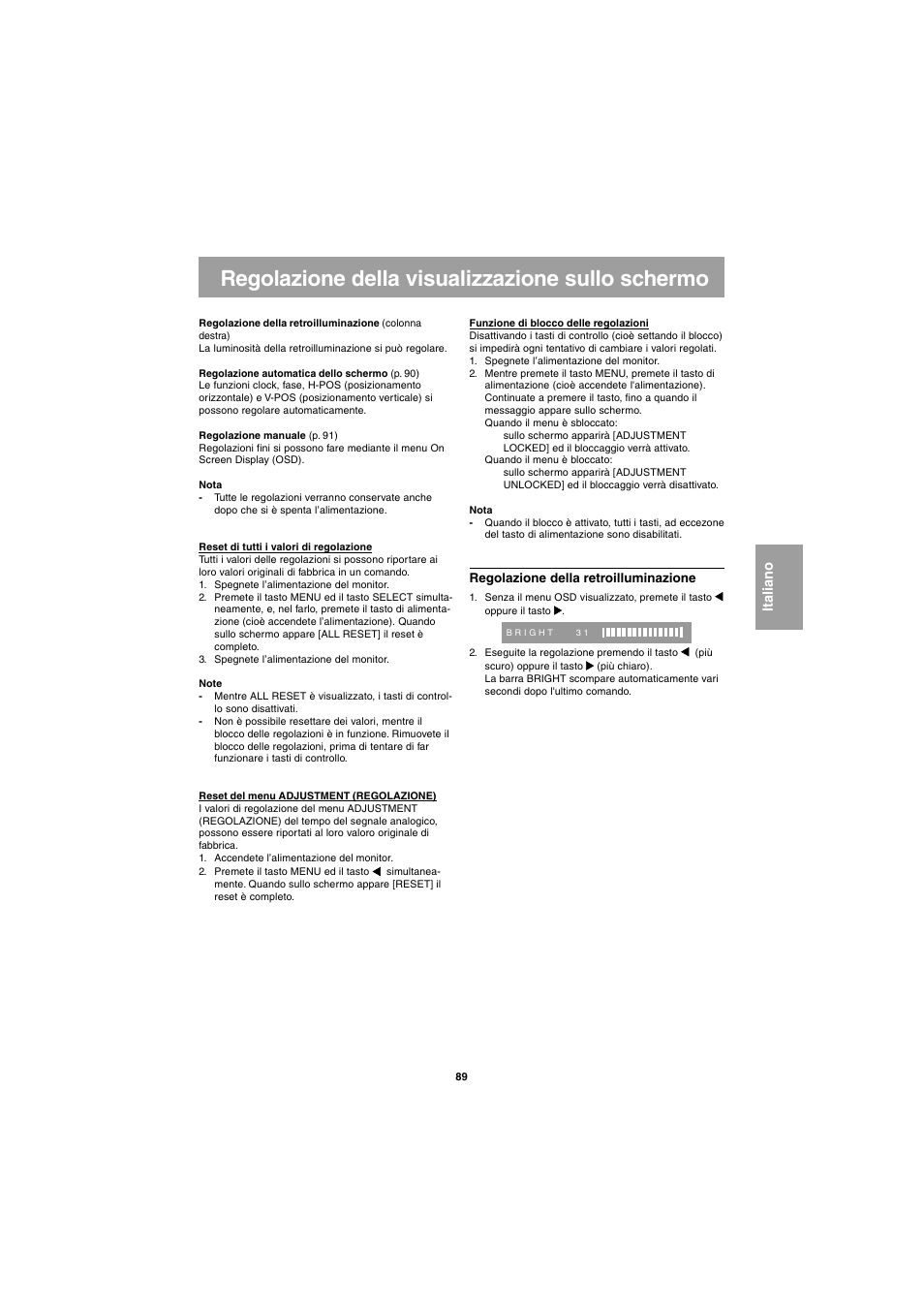 Regolazione della visualizzazione sullo schermo | Sharp LL-E15G1 User Manual | Page 89 / 148