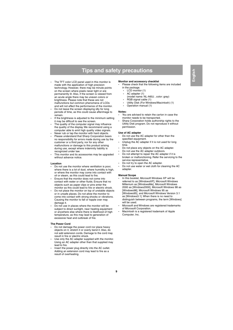 Tips and safety precautions, English | Sharp LL-E15G1 User Manual | Page 9 / 148